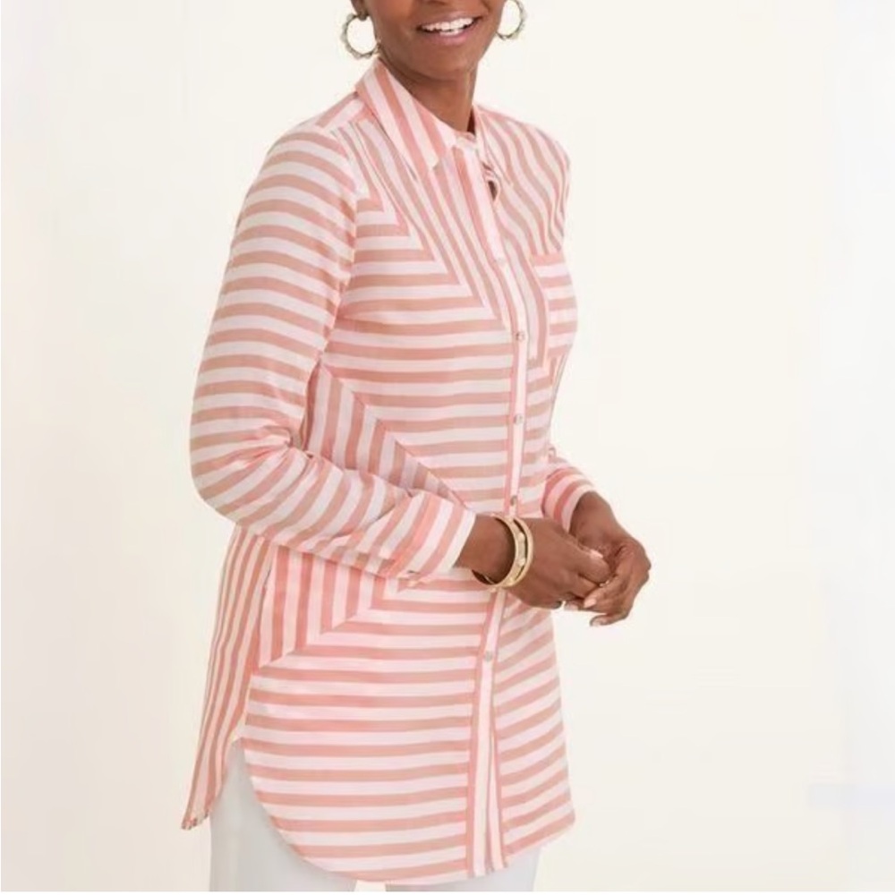 Chico's Tunic Top Shirt 3 / XL Long Sleeves NWT Papaya Coral Stripes Patchwork